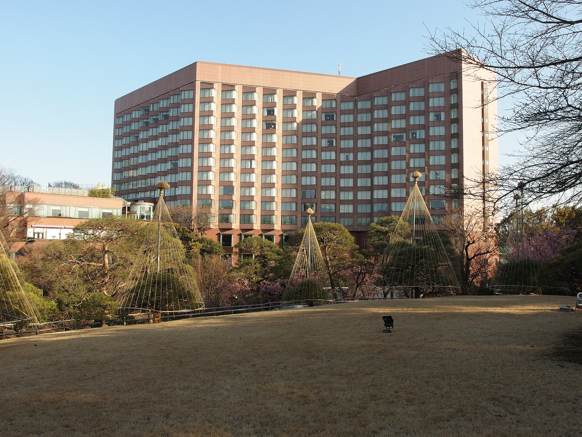 冬の庭園の芝生と客室棟