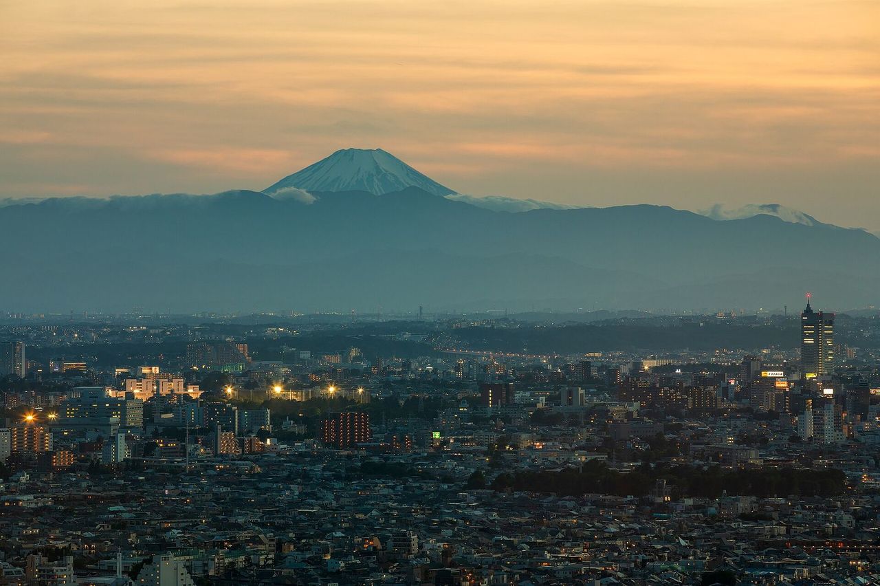 Mt. Fuji beyond Tokyo at dusk